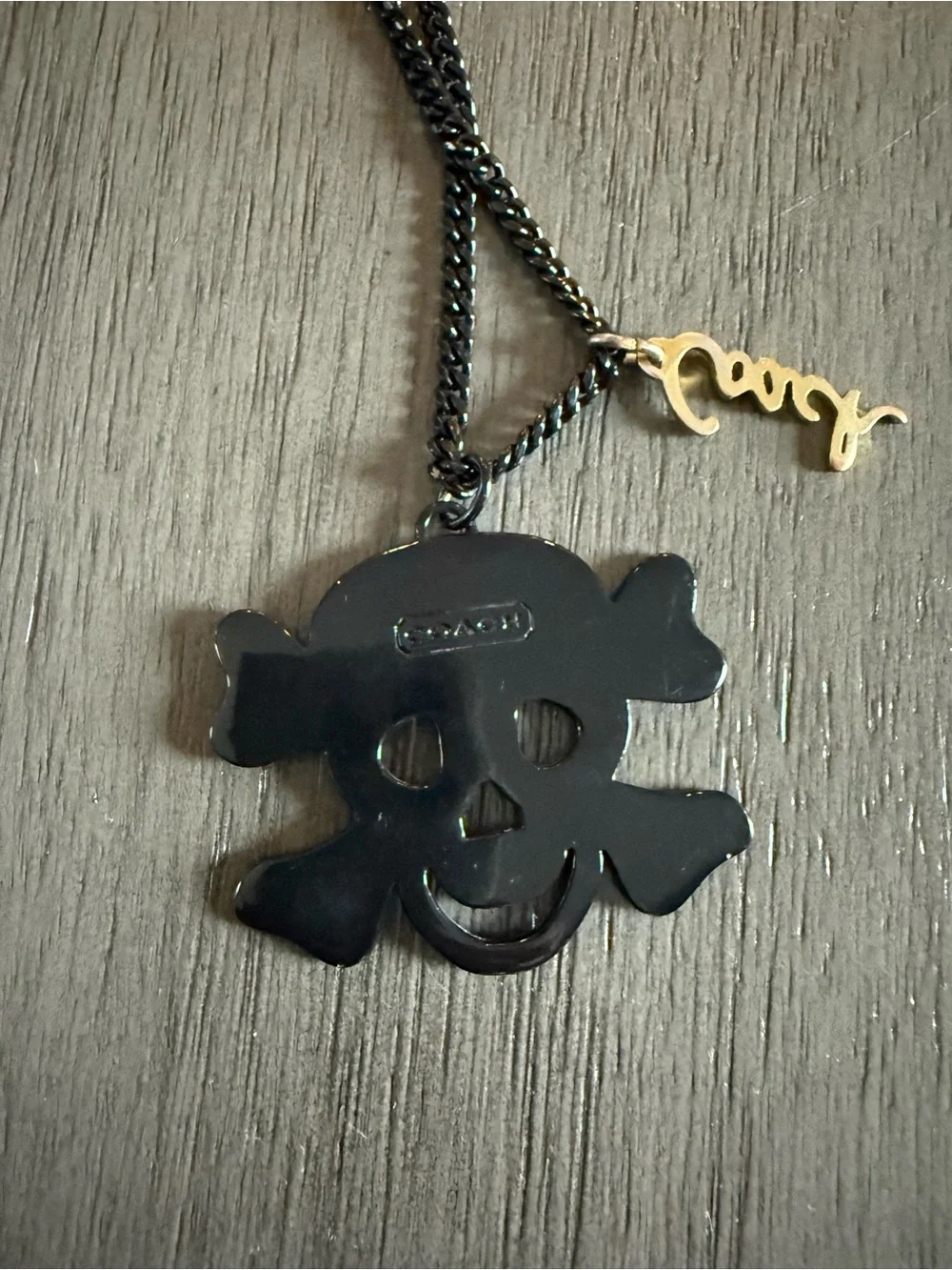 Coach Black Skull & Crossbones Pendant Necklace with Gold 'coach' Tag
